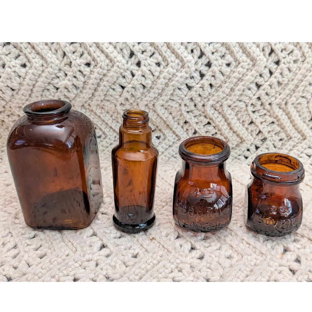 Vintage Amber Glass Bottles Set Bovril 2oz 4oz Apothecary Medicine Jars 4pc